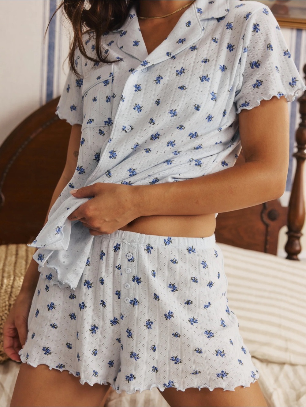 Nuuds Pointelle Floral 3-Piece Pajama Set : Medium